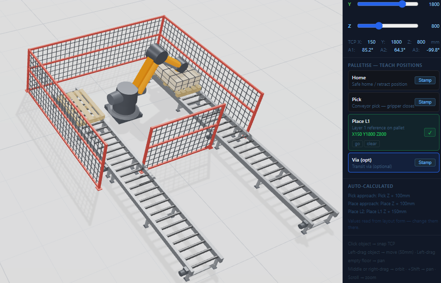 Path2 online robot cell builder: KUKA robot, infeed and outfeed pallets, roller conveyors and fence panels in a 3D cell layout with taught positions